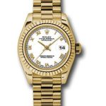 Rolex Yellow Gold Lady-Datejust 26 Watch – Fluted Bezel – White Roman Dial – President Bracelet – 179178