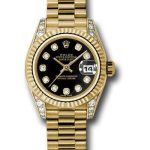 Rolex Yellow Gold Lady-Datejust 26 Watch – Fluted Bezel – Black Diamond Dial – President Bracelet – 179238