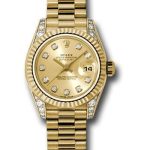 Rolex Yellow Gold Lady-Datejust 26 Watch – Fluted Bezel – Champagne Diamond Dial – President Bracelet – 179238