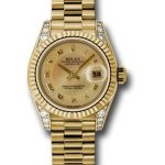 Rolex Yellow Gold Lady-Datejust 26 Watch – Fluted Bezel – Champagne Decorated Mother-Of-Pearl Roman Dial – President Bracelet – 179238 chmdrp
