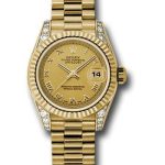 Rolex Yellow Gold Lady-Datejust 26 Watch – Fluted Bezel – Champagne Roman Dial – President Bracelet – 179238