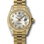 Rolex Yellow Gold Lady-Datejust 26 Watch – Fluted Bezel – Silver Jubilee Diamond Dial – President Bracelet – 179238