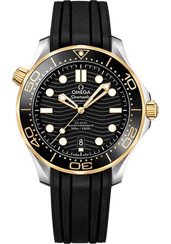 Omega Seamaster Diver 300M Co-Axial Master Chronometer Watch – 42 mm Steel And Yellow Gold Case – Unidirectional Bezel – Black Ceramic Dial – Black Rubber Strap – 210.22.42.20.01.001