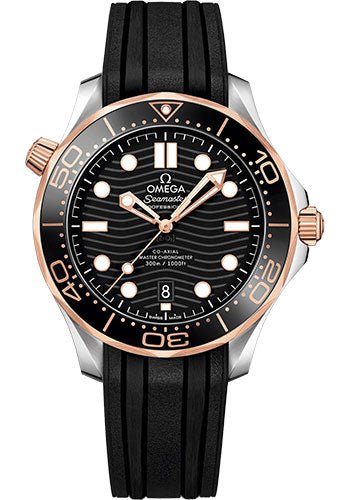 Omega Seamaster Diver 300M Co-Axial Master Chronometer Watch – 42 mm Steel And Sedna Gold Case – Unidirectional Bezel – Black Ceramic Dial – Black Rubber Strap – 210.22.42.20.01.002