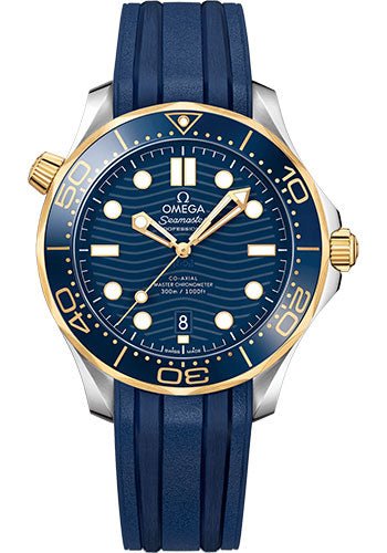 Omega Seamaster Diver 300M Co-Axial Master Chronometer Watch – 42 mm Steel And Yellow Gold Case – Unidirectional Bezel – Blue Ceramic Dial – Blue Rubber Strap – 210.22.42.20.03.001