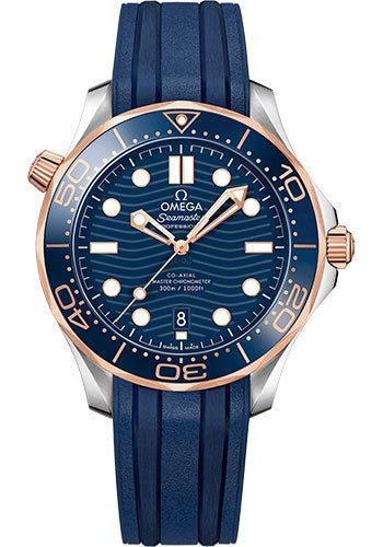 Omega Seamaster Diver 300M Co-Axial Master Chronometer Watch – 42 mm Steel And Sedna Gold Case – Unidirectional Bezel – Blue Ceramic Dial – Blue Rubber Strap – 210.22.42.20.03.002