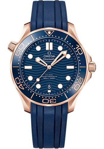 Omega Seamaster Diver 300M Omega Co-Axial Master Chronometer – 42 mm Sedna Gold Case – Blue Dial – Blue Rubber Strap – 210.62.42.20.03.001