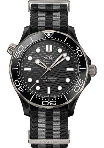 Omega Seamaster Diver 300M Co-Axial Master Chronometer Watch – 43.5 mm Black Ceramic Case – Brushed Black Ceramic [Zro2] Dial – 5-Stripe Black And Grey Nato Strap – 210.92.44.20.01.002