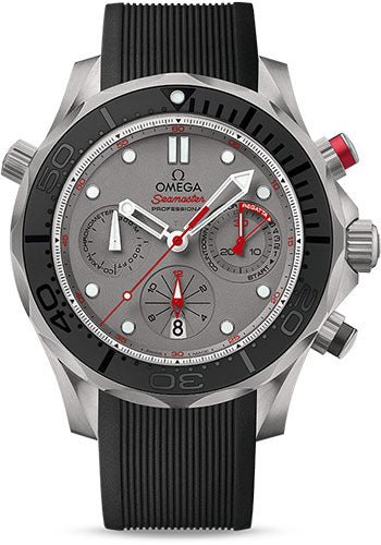 Omega Seamaster Diver 300 M Co-Axial GMT Chronograph ETNZ (Emirates Team New Zealand) Watch – 44 mm Titanium Case – Matt Black Ceramic Unidirectional Bezel – Grade 5 Titanium Grey Dial – Black Rubber Strap – 212.92.44.50.99.001