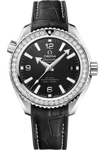 Omega Planet Ocean 600M Co-Axial Master Chronometer Watch – 39.5 mm Steel Case – Unidirectional Diamond Bezel – Black Dial – Black Leather Strap – 215.18.40.20.01.001