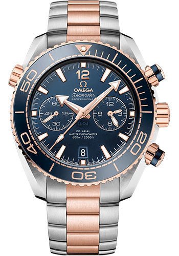 Omega Planet Ocean 600 M Omega Co-axial Master Chronometer Chronograph Watch – 45.5 mm Sedna Gold And Steel Case – Unidirectional Blue Ceramic Bezel – Blue Ceramic Dial – 215.20.46.51.03.001