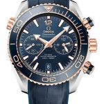 Omega Planet Ocean 600 M Omega Co-axial Master Chronometer Chronograph Watch – 45.5 mm Sedna Gold And Steel Case – Unidirectional Blue Ceramic Bezel – Blue Ceramic Dial – Blue Leather Strap – 215.23.46.51.03.001