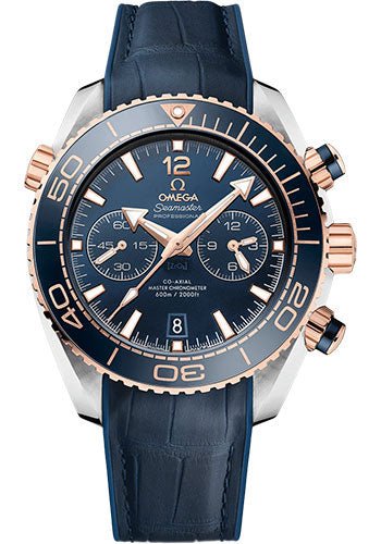 Omega Planet Ocean 600 M Omega Co-axial Master Chronometer Chronograph Watch – 45.5 mm Sedna Gold And Steel Case – Unidirectional Blue Ceramic Bezel – Blue Ceramic Dial – Blue Leather Strap – 215.23.46.51.03.001