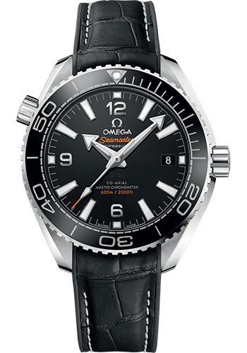 Omega Planet Ocean 600M Co-Axial Master Chronometer Watch – 39.5 mm Steel Case – Unidirectional Black Cermaic Bezel – Black Dial – Black Leather Strap – 215.33.40.20.01.001