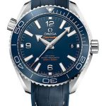 Omega Planet Ocean 600M Co-Axial Master Chronometer Watch – 39.5 mm Steel Case – Unidirectional Blue Cermaic Bezel – Black Dial – Blue Leather Strap – 215.33.40.20.03.001
