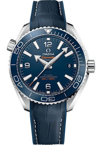 Omega Planet Ocean 600M Co-Axial Master Chronometer Watch – 39.5 mm Steel Case – Unidirectional Blue Cermaic Bezel – Black Dial – Blue Leather Strap – 215.33.40.20.03.001