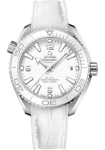 Omega Planet Ocean 600M Co-Axial Master Chronometer Watch – 39.5 mm Steel Case – Unidirectional White Cermaic Bezel – White Dial – White Leather Strap – 215.33.40.20.04.001