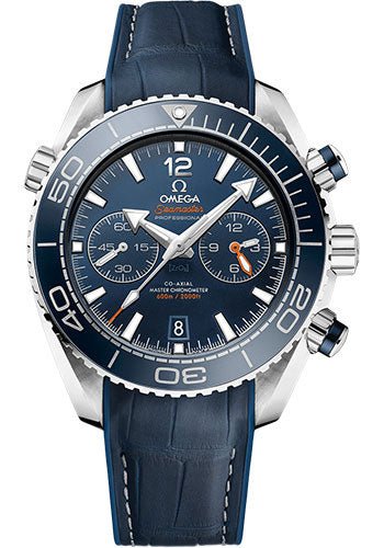 Omega Planet Ocean 600 M Omega Co-axial Master Chronometer Chronograph Watch – 45.5 mm Steel Case – Unidirectional Blue Ceramic Bezel – Blue Ceramic Dial – Blue Leather Strap – 215.33.46.51.03.001