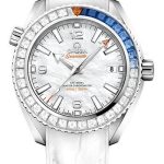 Omega Planet Ocean 600M Co-Axial Master Chronometer Limited Edition of 88 Watch – 39.5 mm White Gold Case – Unidirectional Diamond Bezel – Mother-Of-Pearl Dial – White Leather Strap – 215.58.40.20.05.001