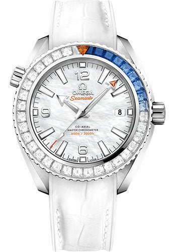 Omega Planet Ocean 600M Co-Axial Master Chronometer Limited Edition of 88 Watch – 39.5 mm White Gold Case – Unidirectional Diamond Bezel – Mother-Of-Pearl Dial – White Leather Strap – 215.58.40.20.05.001
