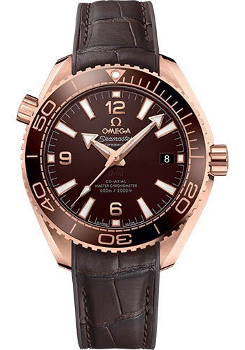 Omega Planet Ocean 600M Co-Axial Master Chronometer Watch – 39.5 mm Sedna Gold Case – Unidirectional Brown Cermaic Bezel – Chocolate Brown Dial – Brown Leather Strap – 215.63.40.20.13.001
