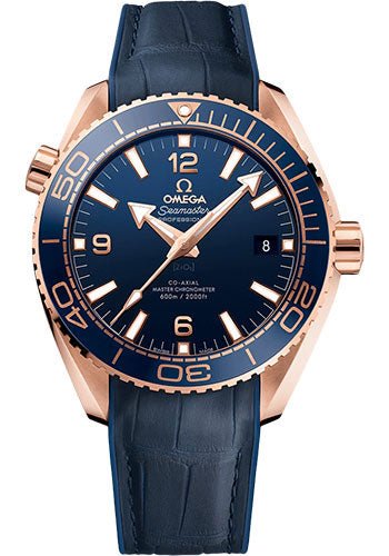 Omega Planet Ocean 600 M Omega Co-axial Master Chronometer Watch – 43.5 mm Sedna Gold Case – Unidirectional Blue Ceramic Bezel – Blue Ceramic Dial – Blue Leather Strap – 215.63.44.21.03.001