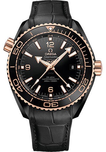 Omega Planet Ocean 600 M Omega Co-axial Master Chronometer GMT Deep Black Watch – 45.5 mm Black Ceramic Case – Sedna Gold Unidirectional Bezel – Black Dial – Black Water Resistant Leather Strap – 215.63.46.22.01.001