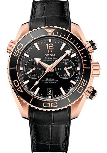 Omega Planet Ocean 600 M Omega Co-axial Master Chronometer Chronograph Watch – 45.5 mm Sedna Gold Case – Unidirectional Black Ceramic Bezel – Black Ceramic Dial – Black Leather Strap – 215.63.46.51.01.001