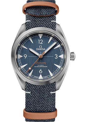 Omega Seamaster Railmaster Omega Co-Axial Master Chronometer Watch – 40 mm Steel Case – Vertically Brushed Blue Jeans Dial – Blue Denim And Leather Nato Strap – 220.12.40.20.03.001