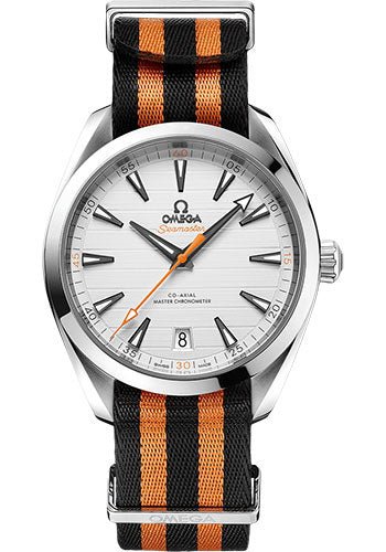 Omega Aqua Terra 150M Co-Axial Master Chronometer Golf Edition Watch – 41 mm Steel Case – Silvery Dial – Black And Orange Striped Nato Strap – 220.12.41.21.02.003