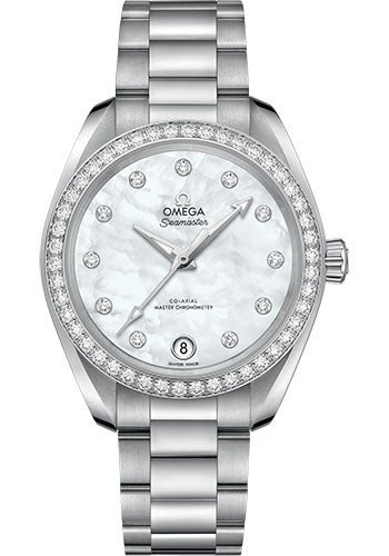 Omega Seamaster Aqua Terra 150M Co-Axial Master Chronometer Watch – 34 mm Steel Case – Diamond-Set Bezel – White Mother-Of-Pearl Diamond Dial – 220.15.34.20.55.001
