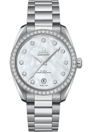 Omega Seamaster Aqua Terra 150M Co-Axial Master Chronometer Ladies Watch – 38 mm Steel Case – Diamond-Set Bezel – White Mother-Of-Pearl Diamond Dial – 220.15.38.20.55.001