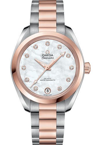 Omega Seamaster Aqua Terra 150M Co-Axial Master Chronometer Watch – 34 mm Steel And Sedna Gold Case – White Mother-Of-Pearl Diamond Dial – 220.20.34.20.55.001