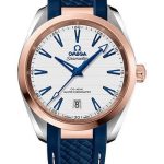 Omega Aqua Terra 150M Co-Axial Master Chronometer Watch – 38 mm Steel And Sedna Gold Case – Silvery Dial – Blue Structured Rubber Strap – 220.22.38.20.02.001
