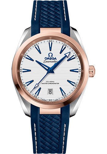 Omega Aqua Terra 150M Co-Axial Master Chronometer Watch – 38 mm Steel And Sedna Gold Case – Silvery Dial – Blue Structured Rubber Strap – 220.22.38.20.02.001