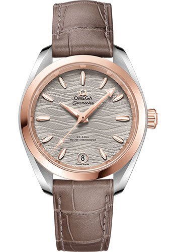 Omega Seamaster Aqua Terra 150M Co-Axial Master Chronometer Watch – 34 mm Steel And Sedna Gold Case – Waved Agate Grey Dial – Taupe-Brown Leather Strap – 220.23.34.20.06.001