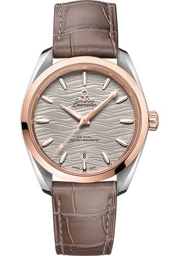 Omega Seamaster Aqua Terra 150M Co-Axial Master Chronometer Ladies Watch – 38 mm Steel And Sedna Gold Case – Waved Agate Grey Dial – Taupe-Brown Leather Strap – 220.23.38.20.06.001