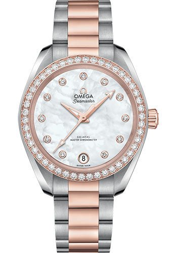 Omega Seamaster Aqua Terra 150M Co-Axial Master Chronometer Watch – 34 mm Steel And Sedna Gold Case – Diamond-Set Bezel – White Mother-Of-Pearl Diamond Dial – 220.25.34.20.55.001