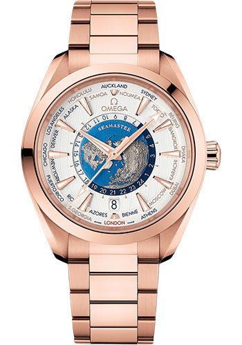 Omega Seamaster Aqua Terra 150M Omega Co-Axial Master Chronometer GMT Worldtimer – 43 mm Sedna Gold Case – Opaline Silvery Dial – 220.50.43.22.02.001