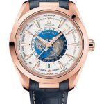 Omega Seamaster Aqua Terra 150M Omega Co-Axial Master Chronometer GMT Worldtimer – 43 mm Sedna Gold Case – Opaline Silvery Dial – Blue Leather Strap – 220.53.43.22.02.001