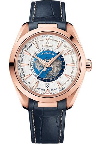Omega Seamaster Aqua Terra 150M Omega Co-Axial Master Chronometer GMT Worldtimer – 43 mm Sedna Gold Case – Opaline Silvery Dial – Blue Leather Strap – 220.53.43.22.02.001