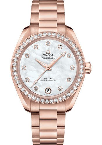 Omega Seamaster Aqua Terra 150M Co-Axial Master Chronometer Watch – 34 mm Sedna Gold Case – Diamond-Set Bezel – White Mother-Of-Pearl Diamond Dial – 220.55.34.20.55.001