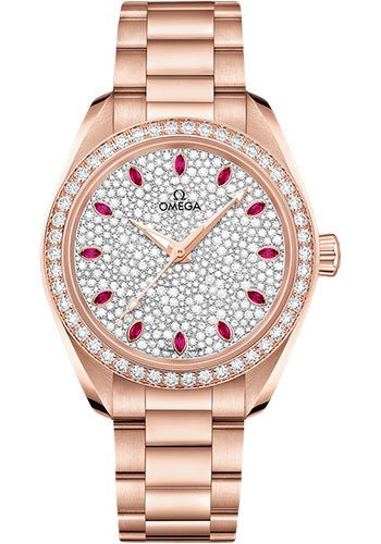 Omega Seamaster Aqua Terra 150M Omega Co-Axial Master Chronometer – 34 mm Sedna Gold Case – Diamond Bezel – Diamond Paved Ruby Dial – 220.55.34.20.99.001