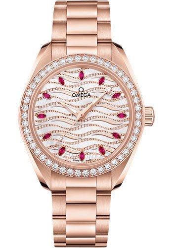 Omega Seamaster Aqua Terra 150M Omega Co-Axial Master Chronometer – 34 mm Sedna Gold Case – Diamond Bezel – White Diamond Wave Ruby Dial – 220.55.34.20.99.004