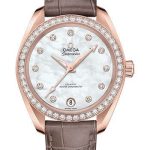 Omega Seamaster Aqua Terra 150M Co-Axial Master Chronometer Watch – 34 mm Sedna Gold Case – Diamond-Set Bezel – White Mother-Of-Pearl Diamond Dial – Taupe-Brown Leather Strap – 220.58.34.20.55.001