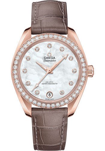 Omega Seamaster Aqua Terra 150M Co-Axial Master Chronometer Watch – 34 mm Sedna Gold Case – Diamond-Set Bezel – White Mother-Of-Pearl Diamond Dial – Taupe-Brown Leather Strap – 220.58.34.20.55.001
