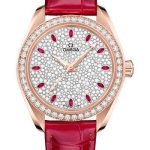 Omega Seamaster Aqua Terra 150M Co-Axial Master Chronometer Watch – 34 mm Sedna Gold Case – Diamond-Set Bezel – Radiant Diamond Dial – Glossy Red Leather Strap – 220.58.34.20.99.001