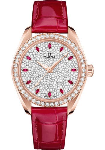 Omega Seamaster Aqua Terra 150M Co-Axial Master Chronometer Watch – 34 mm Sedna Gold Case – Diamond-Set Bezel – Radiant Diamond Dial – Glossy Red Leather Strap – 220.58.34.20.99.001