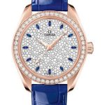 Omega Seamaster Aqua Terra 150M Co-Axial Master Chronometer Watch – 34 mm Sedna Gold Case – Diamond-Set Bezel – Radiant Diamond Dial – Glossy Blue Leather Strap – 220.58.34.20.99.002