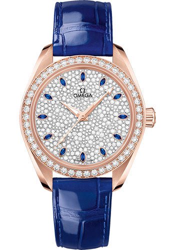 Omega Seamaster Aqua Terra 150M Co-Axial Master Chronometer Watch – 34 mm Sedna Gold Case – Diamond-Set Bezel – Radiant Diamond Dial – Glossy Blue Leather Strap – 220.58.34.20.99.002